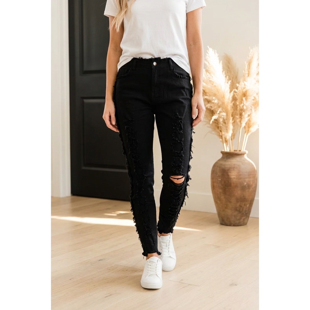 Black Distressed Frayed Skinny Pants XXL High Rise Edgy‎ Punk Trousers Goth Emo